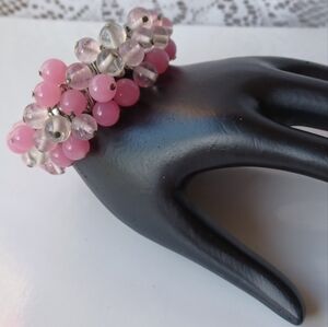 VTG JAPAN SILVERTONE EXPANSION/CHA CHA BRACELET WHITE SWIRLED & PINK GLASS BEADS